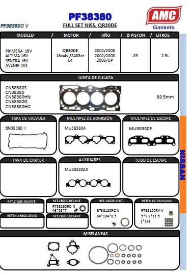 JUEGO DE EMPAQUETADURA DE MOTOR  NISSAN XTRAIL QR20-5 GRAFITO CO