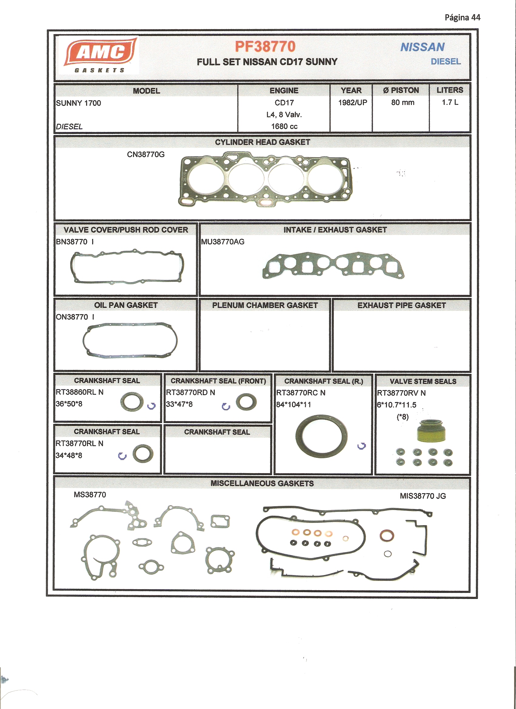 JUEGO DE EMPAQUETADURA DE MOTOR  NISSAN CD-17 COMPLETO CON RETEN