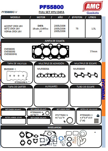 JUEGO DE EMPAQUETADURA DE MOTOR  HYUNDAI D4FA GRAFITO COMPLETO C