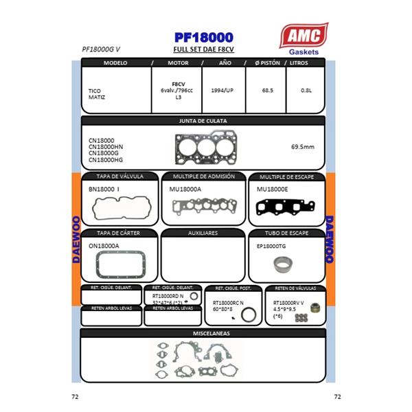 JUEGO EMPAQUETADURA DE MOTOR COMPLETO CON RETENES VITON. CULATA GRAFITO. DAEWOO TICO DAMAS 3CIL. 6V. 796cc. .1994  - Eng: F8CV 6