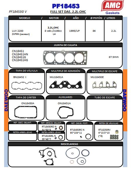JUEGO EMPAQUETADURA DE MOTOR COMPLETO LUV 2.200cc. CON RETEN VITON Y CULATA GRAFITO 