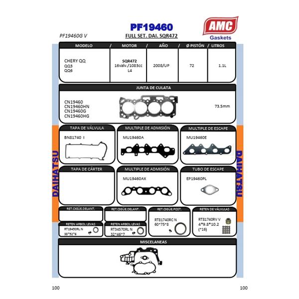 JUEGO EMPAQUETADURA DE MOTOR COMPLETO CON RETENES VITON. CULATA GRAFITO CHERY QQ QQ3 QQ6 SQR472 16V. 1.083cc. 73mm. 2008  -