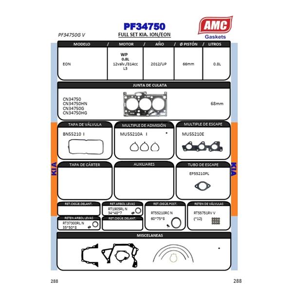 JUEGO EMPAQUETADURA DE MOTOR COMPLETO CON RETENES VITON. CULATA GRAFITO KIA HYUNDAI EON 814cc. 12v. Eng:WP 2012 