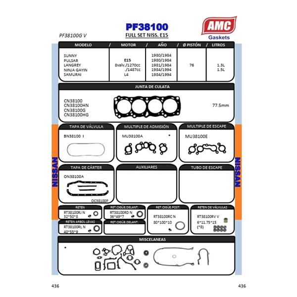 JUEGO EMPAQUETADURA DE MOTOR COMPLETO CON RETENES VITON. CULATA GRAFITO NISSAN SUNNY Eng: E15/E16 1.487 cc.