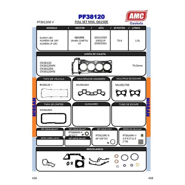 JUEGO EMPAQUETADURA DE MOTOR COMPLETO CON RETENES VITON. CULATA GRAFITO RENAULT SAMSUNG SM3 1.500cc. Eng: QG15DE