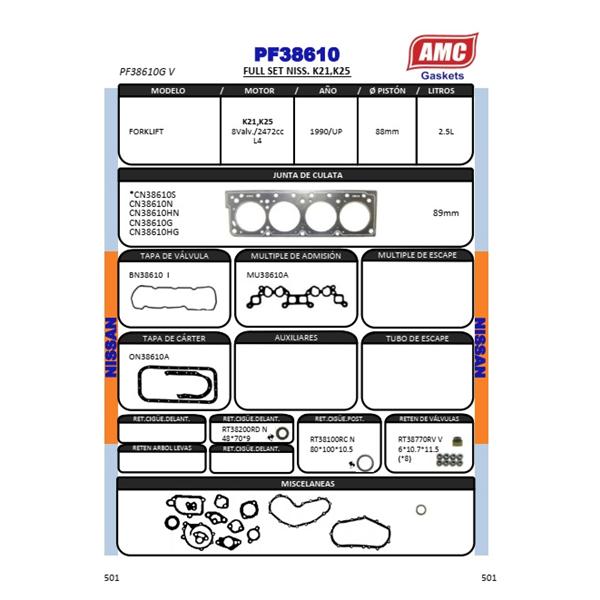 JUEGO EMPAQUETADURA DE MOTOR COMPLETO CON RETENES VITON. CULATA GRAFITO NISSAN MONTACARGA FORKLIFT Eng: K-25 2.472cc. 