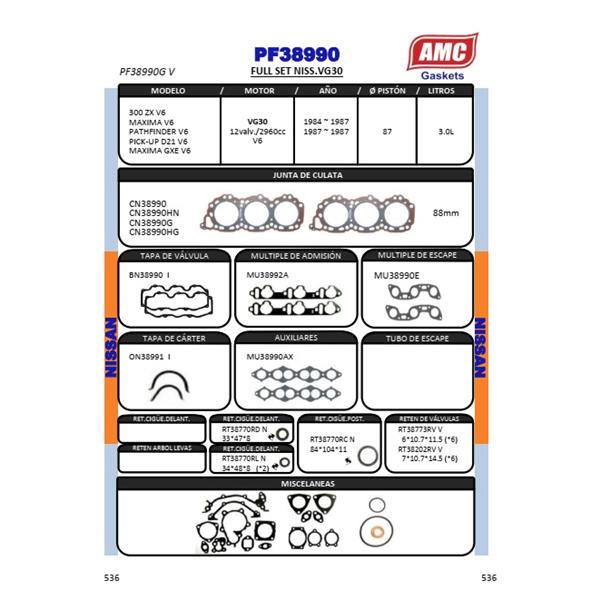 JUEGO EMPAQUETADURA DE MOTOR COMPLETO CON RETENES VITON. CULATA GRAFITO NISSAN PATHFINDER V6 12V. 2.960cc. CC. 87.00mm.   Eng:  