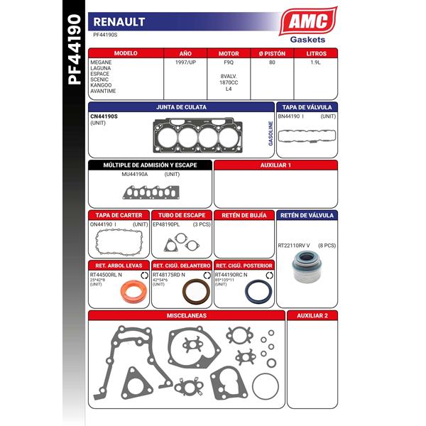 JUEGO DE EMPAQUETADURA DE MOTOR. CON RETENES VITON. CULATA METALICA  RENAULT SCENIC DIESEL 8v. 1.9 Eng: F9Q 