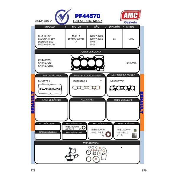 JUEGO EMPAQUETADURA DE MOTOR GRAFITO CON RETENES DE VITON.RENAULT CLIO III/ LAGUNA III/MEGANE III. 16V.2.0cc ENG: M4R
