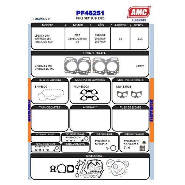 JUEGO DE EMPAQUETADURA DE MOTOR  SUBARU LEGACY 16V. IMPREZA 16V. FORESTER 16V.2.0 V4 Eng: EJ20J  GRAFITO COMPLETO  CON RETENES V