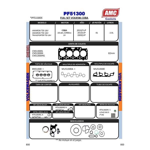 JUEGO EMPAQUETADURA DE MOTOR COMPLETO CON RETENES VITON. CULATA METALICA VOLKSWAGEN AMAROK TDI 16V  TRANSPORTER TDI 16V  Eng: CD