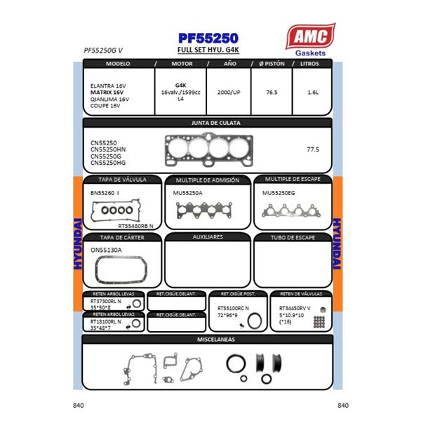 JUEGO EMPAQUETADURA DE MOTOR COMPLETO CON RETENES VITON. CULATA GRAFITO HYUNDAI MATRIX   RIO-ACCENT-GETZ 1599cc. 2000>  16 v.Eng