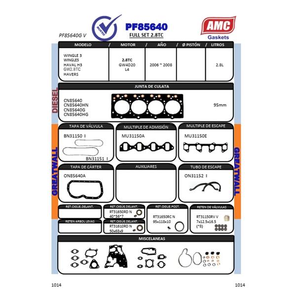 JUEGO EMPAQUETADURA DE MOTOR COMPLETO CON RETENES VITON. CULATA GRAFITO GREAT WALL WINGLE HAVAL  3 5     2.800CC. Eng: GW4D20