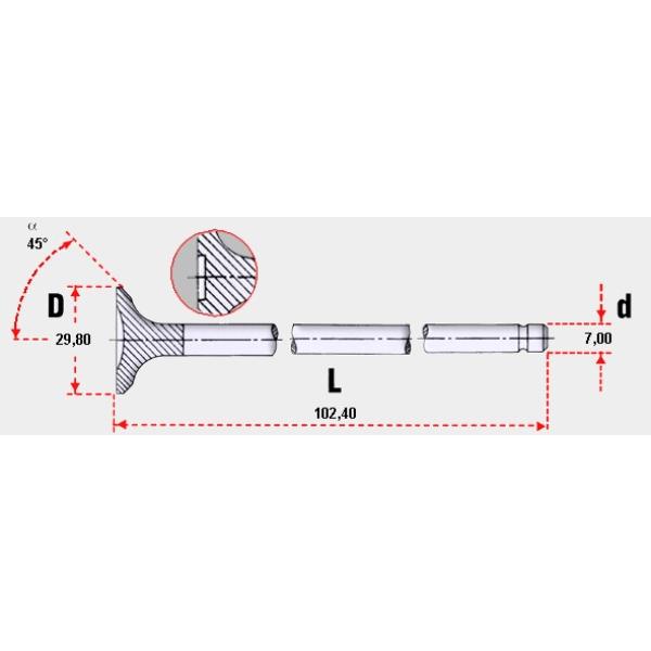 VALVULA DE MOTOR FIAT PALIO SIENA 1.580 cc. 16 V. BRAVO 1.6 16V. ENG: 182B6.000 OEM: 55196738  ESCAPE STD MEDIDA: 7 x 29.8 x 102