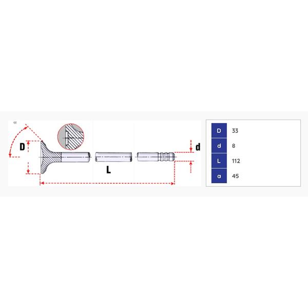 VALVULA DE MOTOR VOLKSWAGEN GOL 1300 cc. ( 3 RANURAS) ,. ADMISION STD MEDIDA:8.00 x 33 x 112.00