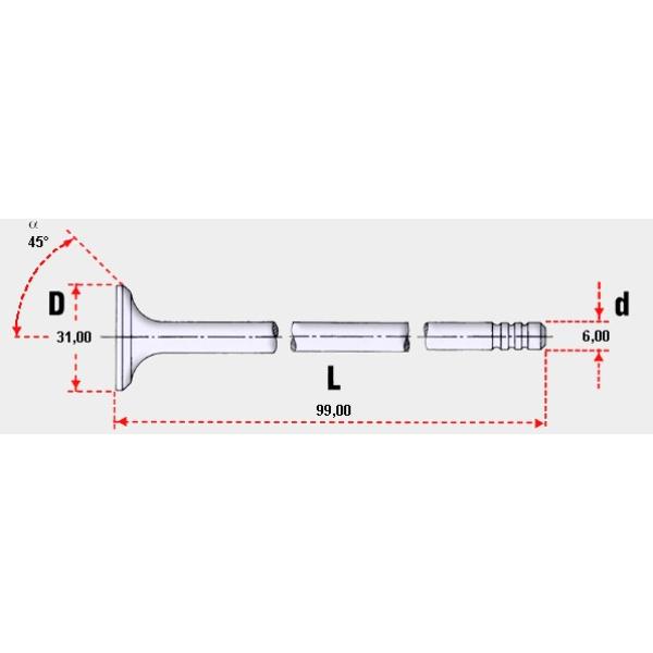 VALVULA DE MOTOR  VOLKSWAGEN POLO 1.0 ..00-02)( 3 RANURAS).OEM: 030109601AK ENG: ANV/AUC/ALVADMISION STD MEDIDA: 6.00 x 31.0 x 9